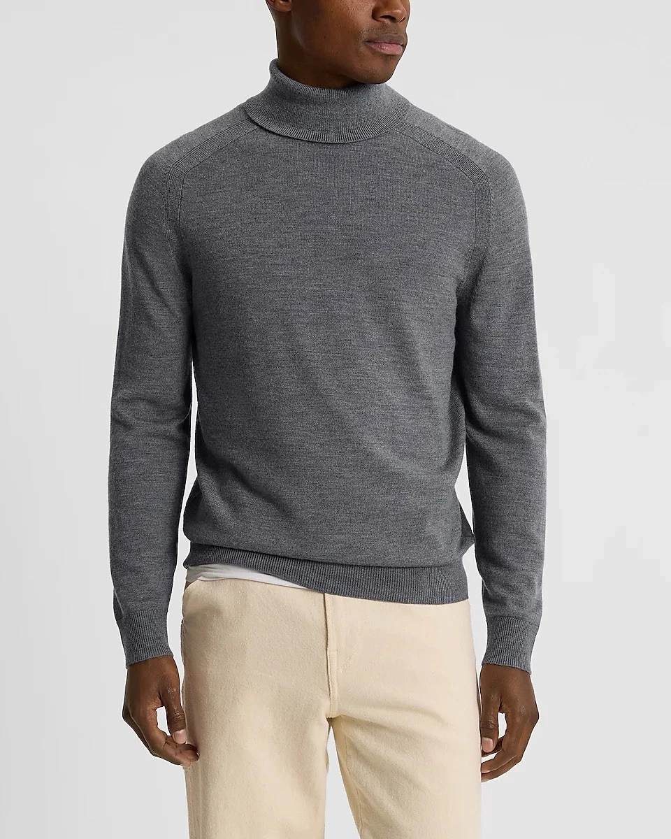 $88 Express Men’s 100% Merino Wool Turtleneck Sweater Heather Gray Size L