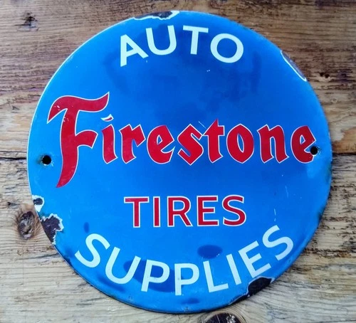 VINTAGE FIRESTONE TIRES SUPPLIES BLUE & RED  PORCELAIN ENAMEL SIGN!