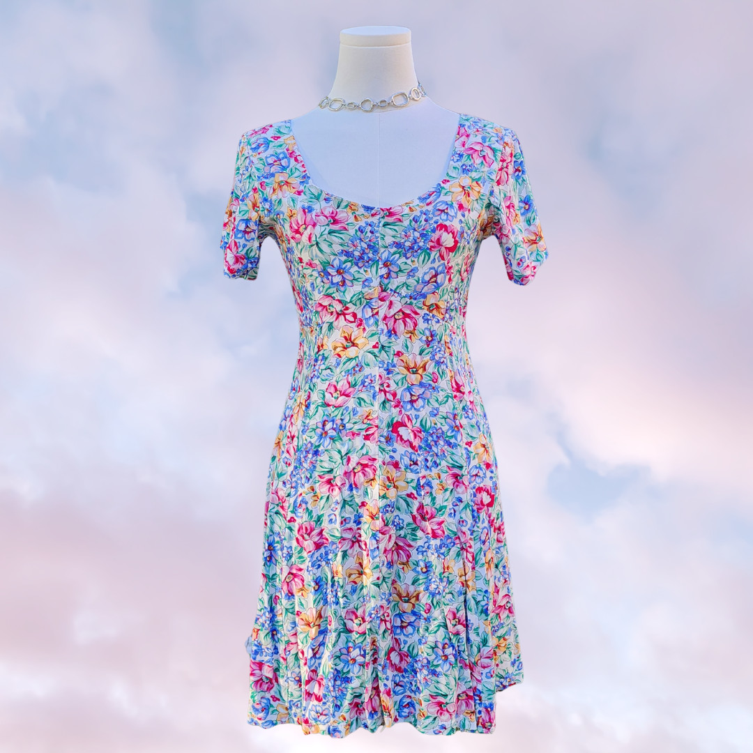 Colorful Floral Midi Lace Up Flowy Rayon Summer Ditsy Vacation Skater Dress Sz S