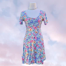 Colorful Floral Midi Lace Up Flowy Rayon Summer Ditsy Vacation Skater Dress Sz S