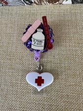 Purple Rhinestone Badge Reel Retractable ID Holder Nurse/medical Themed