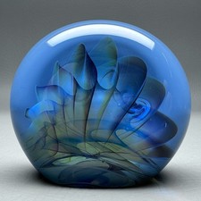 Michael O'Keefe Art Glass Paperweight Studio Signed MJ Vintage Veiled Fan Blue