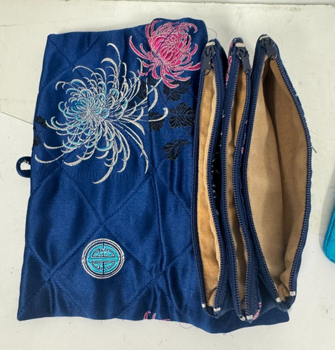 Ada Lum Asian Satin Silk Travel Jewelry Roll Zippered Compartment Pouch x2 Blue