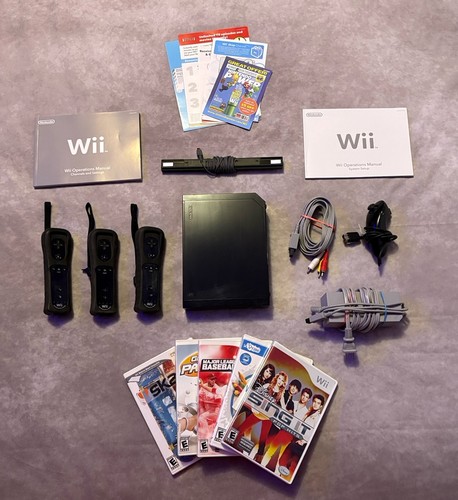 Nintendo Wii Schwarz Videospielkonsole Bundle RVL-101 mit 5 Spielen Controller LOT