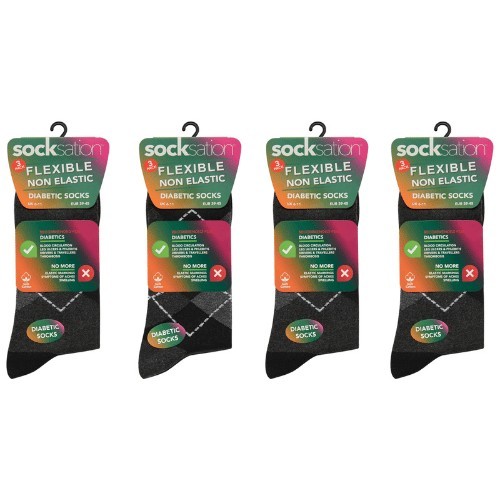 12 Pairs Men's Diabetic Flexible Non-Binding Socks Argyle Grey UK 6-11