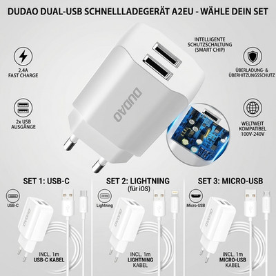 USB Ladegerät Netzstecker 2.4A Schnellladegerät für iPhone Samsung USB-C Micro