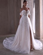 Glitter Lace Wedding Dress Bridal Gown Off Shoulder Slit Tailored