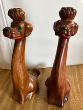 2 VTG Wood Composite Long Neck Poodle Figurines w Rhinestone Eyes