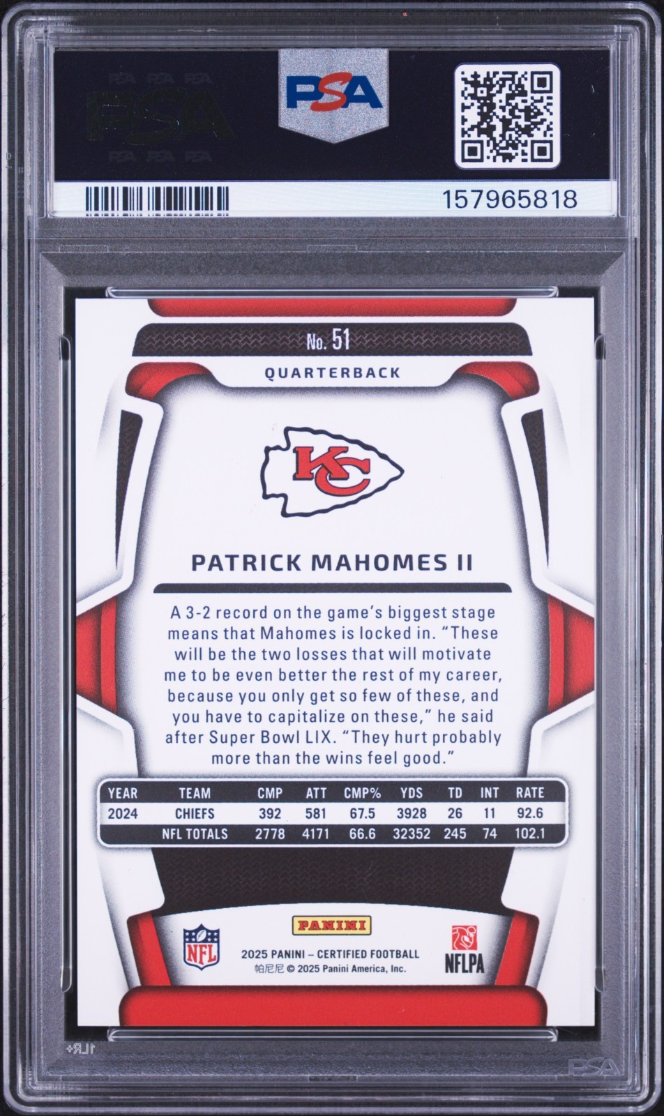 PATRICK MAHOMES II 2025 PANINI CERTIFIED MIRROR GOLD SP 3/10 PSA 9 MINT CHIEFS view 2