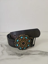 Enmon Vintage Leather Turquoise  Belt Metal Circle Buckle Size Medium Women’s 