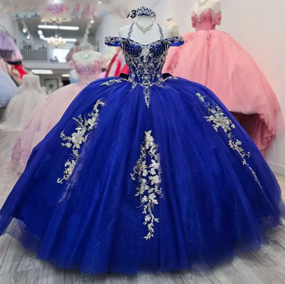 Royal Blue Ball Gown Quinceanera Dress Gold Lace Applique Beading Corset  Sweet | eBay