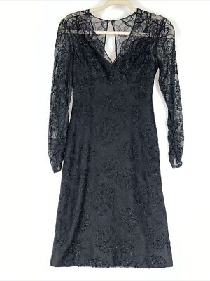 carmen marc valvo black lace dress Carmen Marc Valvo Cocktail Dress Size 2P Black Beaded And Lace Long Sleeves