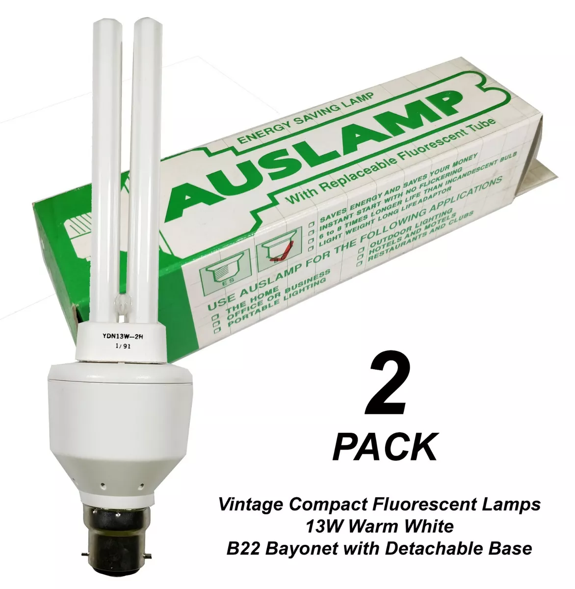 2 x Auslamp Compact Fluorescent Lamps 13W Warm White B22 Detachable Base Vintage