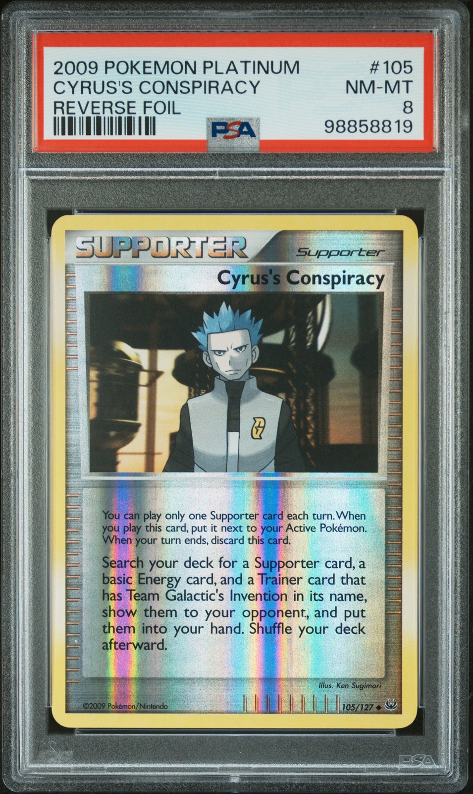 2009 POKEMON PLATINUM #105 CYRUS'S CONSPIRACY-REVERSE FOIL PSA 8