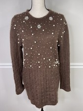 Vintage Brown mohair Super Kid Italy Pearls Rhinestones Tunic Sweater Medium