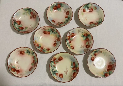 8 Pc Set MZ Austria Hand Painted Berry Bowls Red Strawberries Gold Trim Embossed