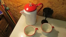 Vintage Red & White Enamelware Stove Top Coffee Pot & 2 Cups
