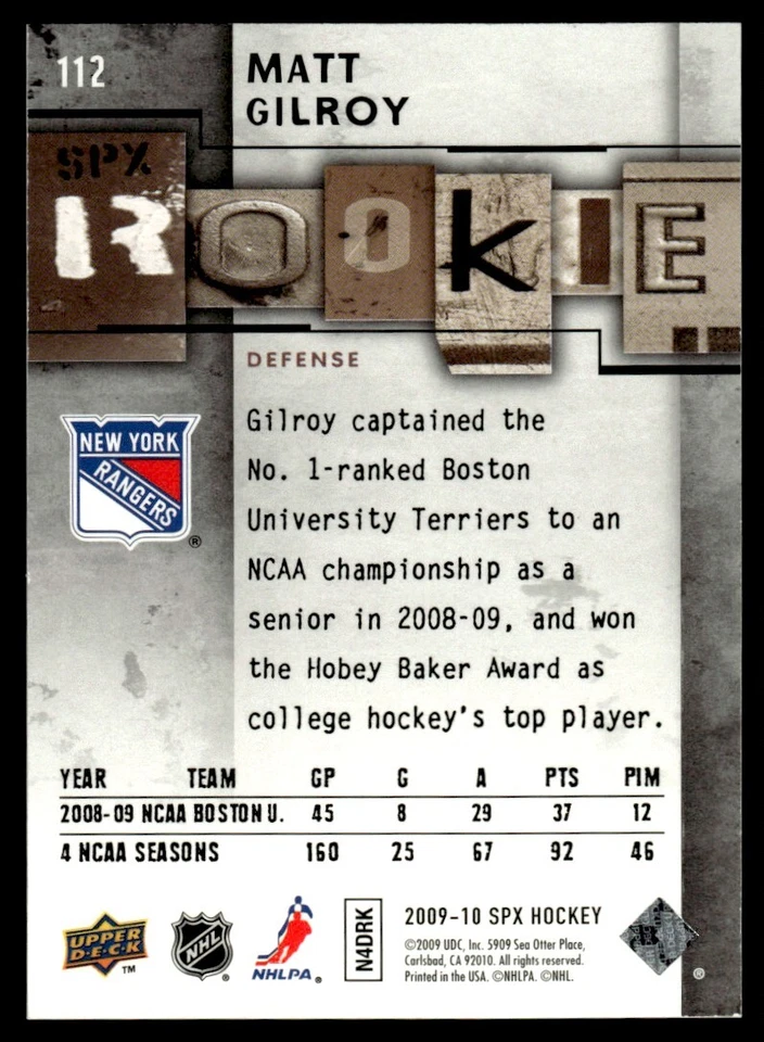 2009-10 SPx Matt Gilroy Rookie /499 New York Rangers #112 - Image 2 of 2