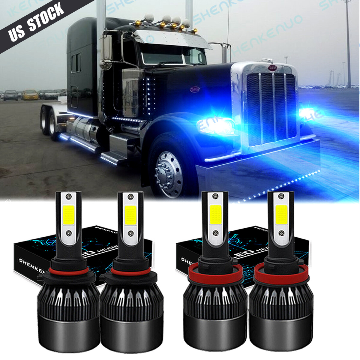 For Peterbilt 388 389 - 4x 8000K BLUE LED Headlight Bulbs High/Low