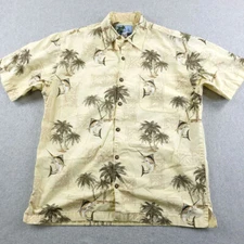 AFTCO Blue Water Shirt Men Medium Yellow Fish Pattern Floral Marlin Hawaiian