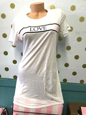 Victoria's Secret LOVE Sleep Tee Pajama Shirt Top Gown Pink Logo White M NWT