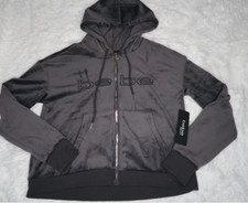 Bebe Women's Plush Stripe Zip Up Logo Hoodie Charcoal Grey BB2338C Size Medium