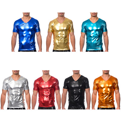 Mens Top Nightclub Vest Metallic T-Shirt V Neck Clubwear Fitness