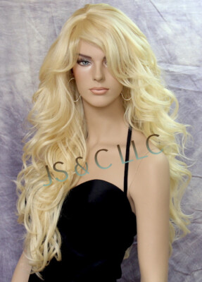 Long Blonde Human Hair Blend Wig Goregeous wavy Heat OK Pale Blonde WBVA 613
