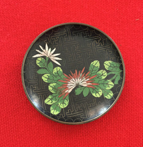 Vintage Chinese Cloisonne Round Trinket Dish with Flowers Brass & Black Enamel