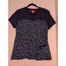 Betsey Johnson Women's Floral Scrub Top Navy M Rhinestone