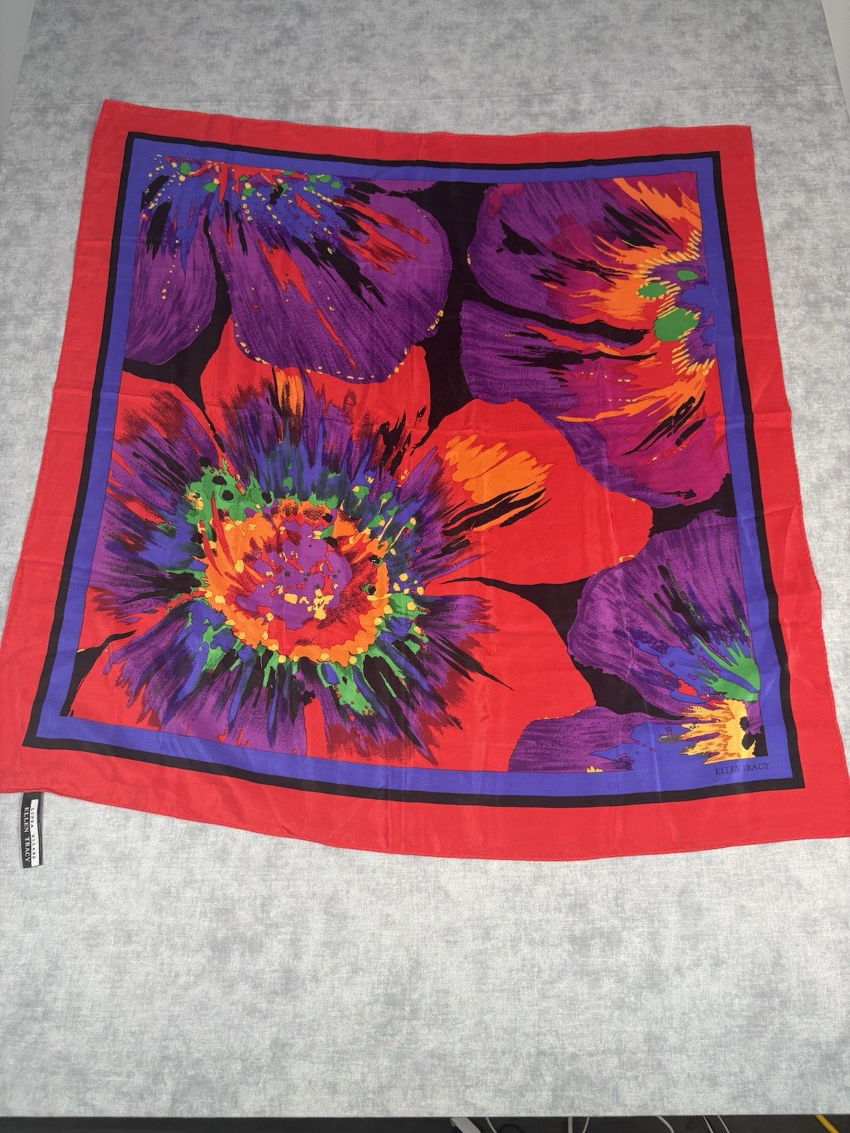 Vintage Linda Allard Ellen Tracy Silk Scarf Floral Korea 32x34 Square