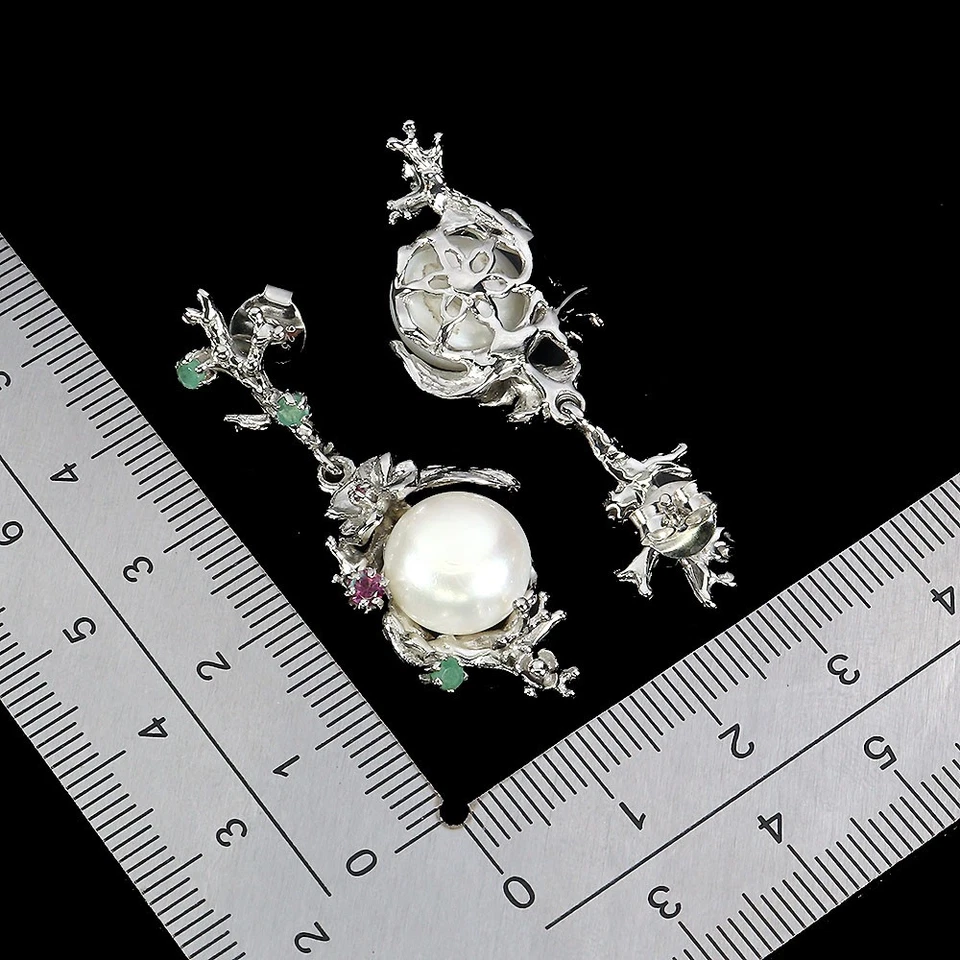 925 Orecchini Argento Sterling Rotondo Smeraldo Rodolite Perla Gemma Gioielli - Immagine 3 di 4