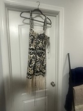 Tahari ASL Women's Ivory Border-Print Fringe Sheath Dress Size 10