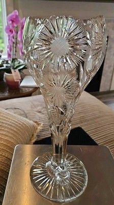 Rare Vintage American Brilliant Intaglio Floral Cut Glass Large 14  Tulip Vase