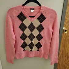J Crew Argyle 100 Lambs Wool Sweater Pink Long Sleeve Size Small Retro Style