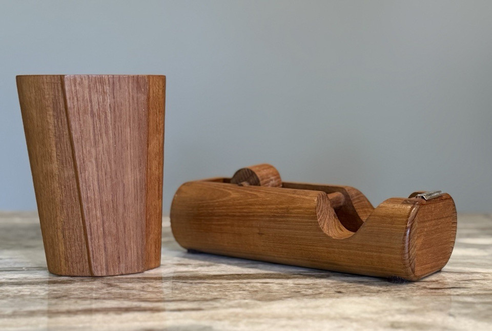 A Kalmar Designs teak tape and pencil holder desk set — Scandinavian MCM design pedigree in warm wood, a proper design-world find.
