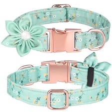 Green Floral Cute Girl Dog Collar Detachable Rhinestone Flower M Medium