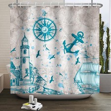 Teal Sailboat Shower Curtain with Lighthouse and Compass for Beach Bathrooms
