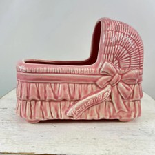 Vintage Pink Baby Bassinet Planter Baby Shower Decoration Old Nursery Flower Pot