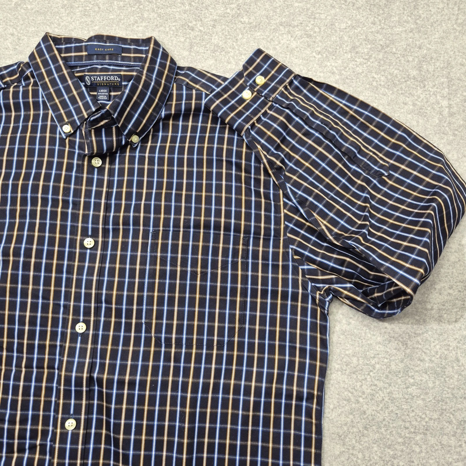 Stafford Signature Mens Shirt L Blue Yellow Plaid Button Down Wrinkle Iron Free image 7