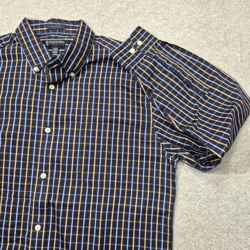 Stafford Signature Mens Shirt L Blue Yellow Plaid Button Down Wrinkle Iron Free image 7
