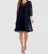 Connected Apparel Women's Blue Ponte-Knit Soutache Overlay Jacket Dress Size 12