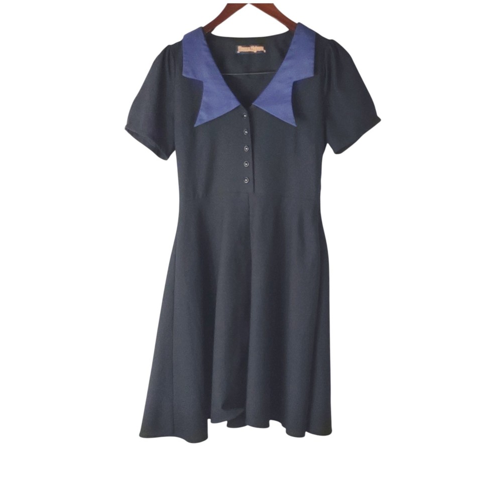 Princess Highway Dress Women 8 Black A Line Rockabilly Dress Pointed Navy Collar
