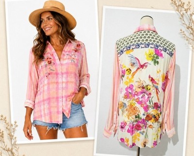 John Mark Embroidered Floral Bird Button Front Blouse Pink Plaid Tunic Small