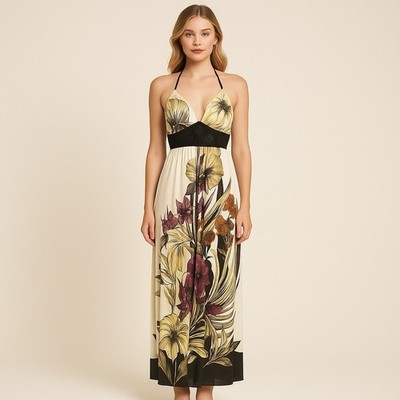 Hale Bob Dress M Womens Silk Floral A Line Maxi Empire Boho Resort Beach  Open | eBay