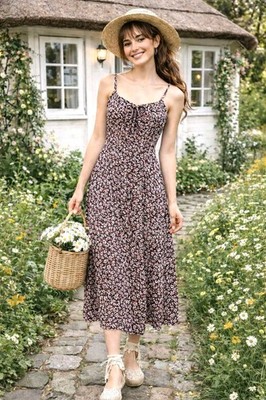 Blush BJ Purple Ditsy Floral Midi Dress Adjustable Straps Sleeveless Sz L Rayon