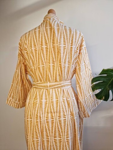 Indian Handmade Yellow White Color Cotton Kimono Robe One Size Women Bath Robe - Picture 3 of 5