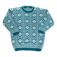 Vintage Classic Essentials Teal & White Snowflake Knit Ski Sweater USA  2XL PLUS