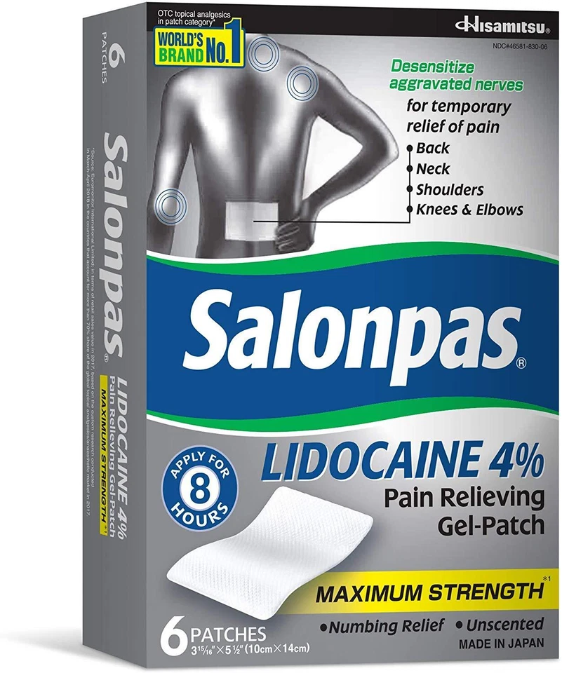 Parche de gel para aliviar el dolor Salonpas LIDOCAINE fuerza máxima paquete de 5 Foto 3 de 4