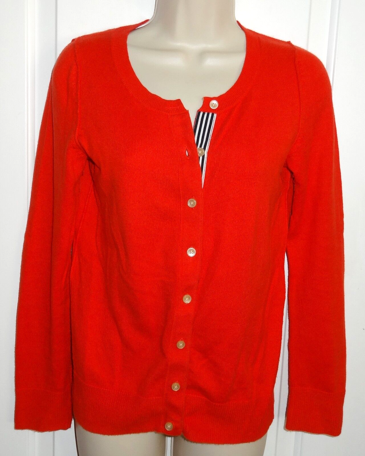 Sweater Gap Cashmere Blend ButtonDown Cardigan Tomato Red Stripe Accent Sz XS SL-image